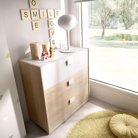 DEKIT - Cómoda 3 cajones color Natural / Blanco - 81x80x43 cm - Modelo DINA