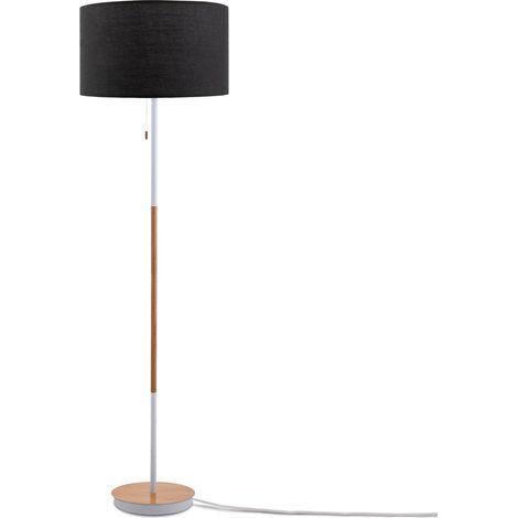 Paco Home Stehlampe Wohnzimmer Standleuchte Skandi Stoffschirm Textilkabel Zugschalter E27  Schwarz (Ø38 cm),  Stehleuchte Weiß/Holz
