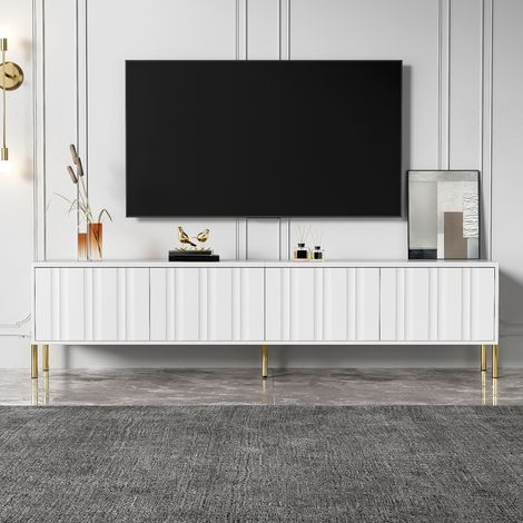 TV-Schrank 190x38x48 cm Weiß aus MDF und Spanplatte mit 4 Türen, gerillter Front und goldfarbenen Beinen (1/5)