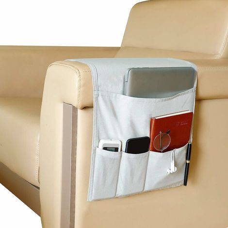 Ahlsen Sofa- und Sessel-Organizer, Fernbedienungshalter, Sofa-Armwagen mit 5 Taschen, hängende Aufbewahrungstasche für Zeitschriften, Bücher, Brillen, Grau (1/5)
