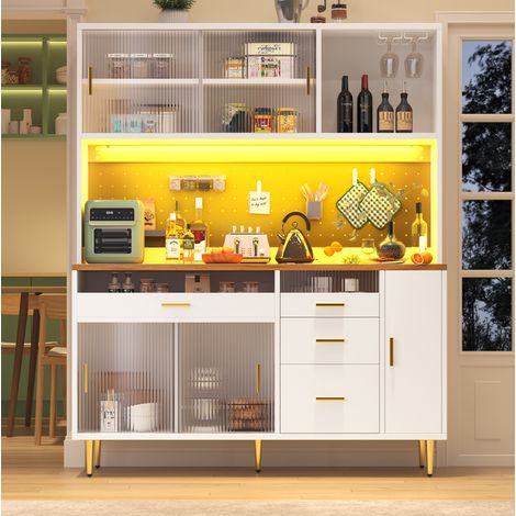 Buffet haut MDF verre blanc 145x39x171 cm avec LED, porte coulissante en verre, rangement modulable et casier à vin (1/5)