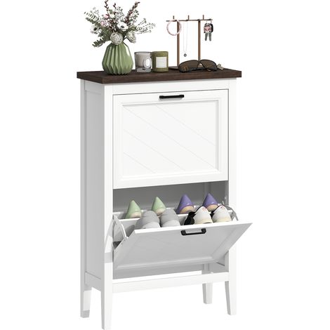 Scarpiera Country con 2 Cassetti Ribalta, Ripiani Regolabili, Design Bianco.