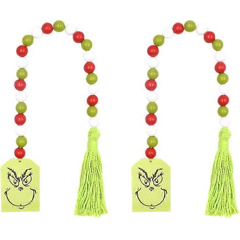 Lot de 2 guirlandes de perles vertes sur plateau, décorations de Noël, guirlande de perles champêtres rouges et vertes, guirlande en bois, guirlande de perles de Noël-55x5.3cm-Light Green
