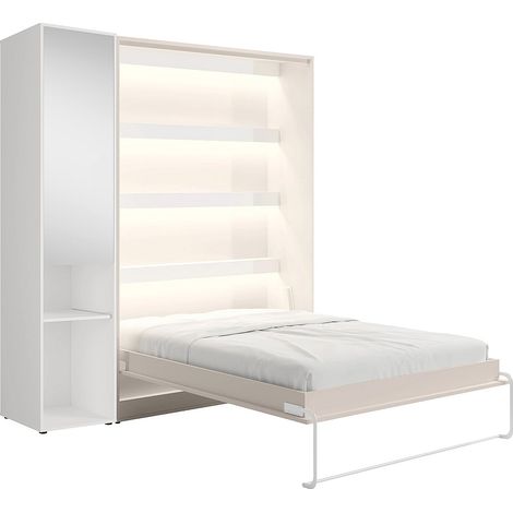 Letto a scomparsa verticale 140 x 200 cm 1 colonna contenitore Con specchio e LED Beige - RAPILI