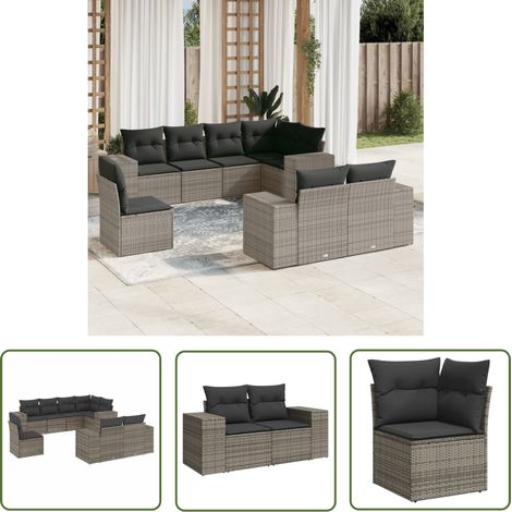 The Living Store Salon de jardin 8 pcs avec coussins gris résine tressée - Salon De Jardin - Meubles De Jardin - Salon Extérieur - Ensemble De Canapés - Canapé D'angle (1/5)