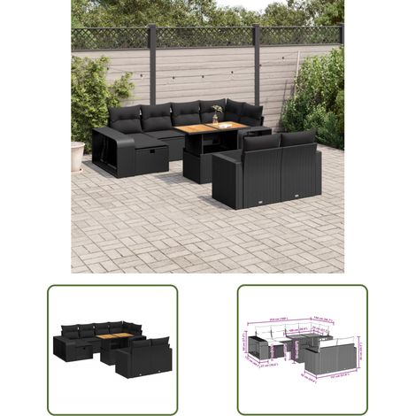 The Living Store Salon de jardin 11 pcs avec coussins noir résine tressée - Ensemble Salon De Jardin - Mobilier De Jardin - Table De Jardin Extensible - Chaise Lounge - Fauteuil Extérieur (1/3)