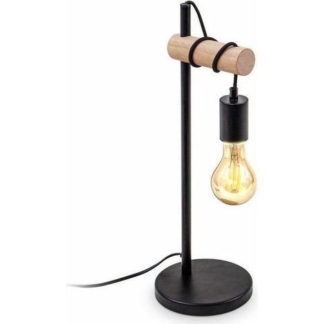 lampe de chevet design rétro industriel bois & métal éclairage salon & chamber lampe à poser douille E27 noir (1/3)