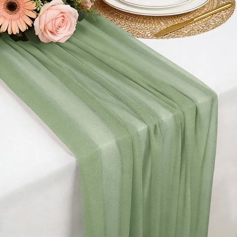 Chemin de Table Vert Sauge 77x300cm, mousseline douce pour mariage bohème, fête, baptême, baby shower ou décora - Vert Sauge 1 Pièce (1/5)