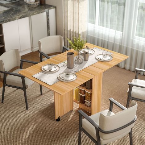 Table pliante de cuisine salle à manger amovible sur roulettes 80 x 140 x 74 centimètres 2 étagères intégrées conçu en bois coloris bois