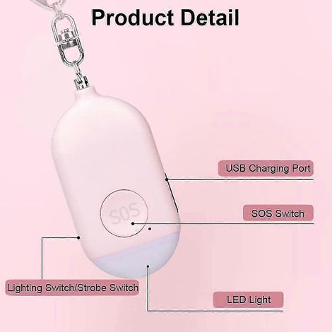 130 dB lauter persönlicher Notrufalarm, wiederaufladbarer Sicherheitsalarm mit LED-Taschenlampe und Einbruchmeldeanlage – Rosa (1/5)
