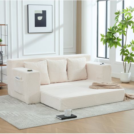 Sofa 172 cm aus beigem Cord, modularer 2-Sitzer mit Getränkehaltern und Seitentaschen (1/5)