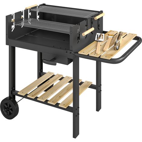 Holzkohlegrillwagen mit verstellbaren Rosten, Holzablagen und Rädern