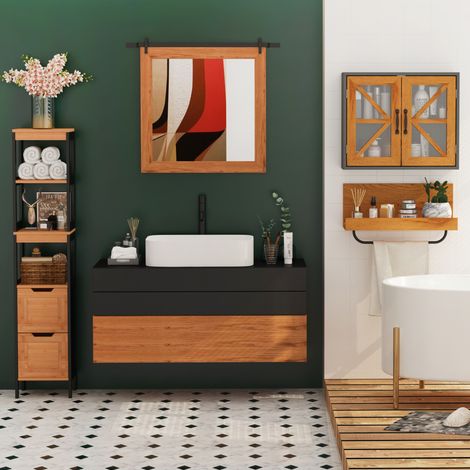 Meuble Colonne Rangement Salle de Bain Style Cosy dim. 30L x 30l x 144H cm 3 étagères 2 tiroirs Bambou Noir