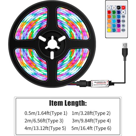 Bande LED RGB avec télécommande 24 touches, 16 couleurs, flexible, étanche, alimentée par USB, idéale pour le rétroéclairage TV et la décoration intérieure. (1/2)