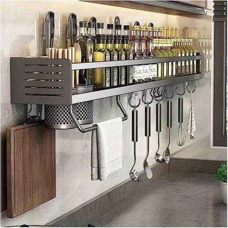Porte Ustensiles Cuisine Porte Couteaux Mural Rangement Ustensiles de Cuisine avec Porte-Serviette Avec/Sans Perçage-50cm Noir (1/4)