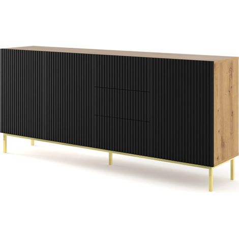 Commode de rangement Meuble Couleur Chêne Artisan Mat 200x42x89 RAVI B FILET 2D3S Pied Cadré or (1/4)