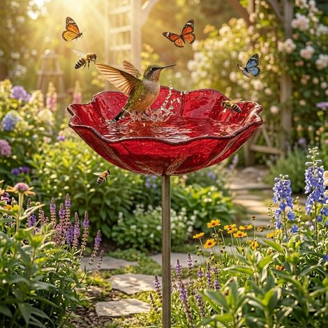Bebedero para pájaros con tallo en forma de flor, bebedero para abejas de metal de 60 cm, baño para pájaros al aire libre de 3 mm de espesor, estaca para jardín de flores hecha a mano, comedero para p (1/5)