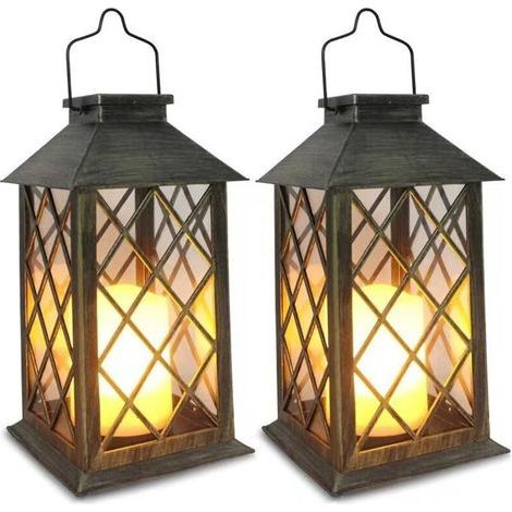 Lanterne Solaire Exterieur 2 Pièces Lampe Solaire avec Bougie Vacillante, Lampe de Table Solaire Étanche Suspension Solaire Exterieur a Poser pour Balcon Jardin Terrasse Deco - Bronze (1/5)