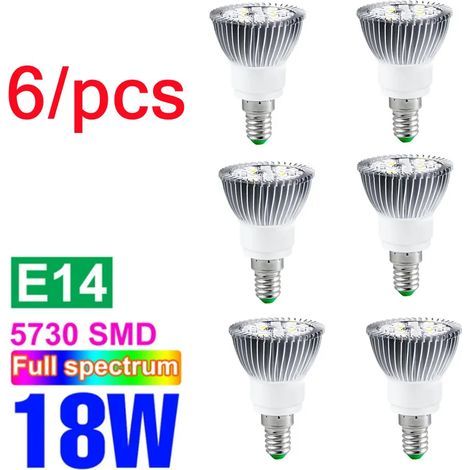 Lampes de croissance pour plantes Ampoule LED de croissance pour plantes (E14 18W, lot de 6 - 85-265 nm) - Spectre complet - Lampe horticole pour serres et cultures hydroponiques.
