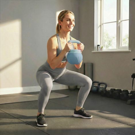 Pesa Rusa 8 kg Kettlebell Relleno de Arena Metálica y Mango Antideslizante para Entrenamiento 27x20x20 cm Azul Claro (1/5)