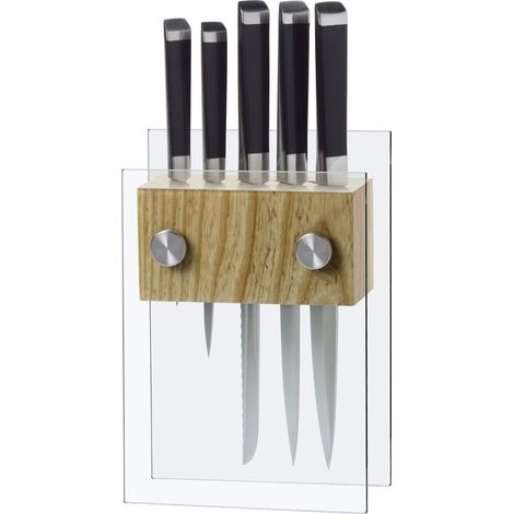Ceppo in Vetro Temprato e Legno con 5 Coltelli Marte Alexander Crystal Zaffiro