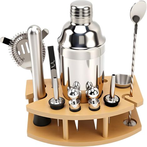 Juego de coctelera de acero inoxidable de 750 ml con soporte, kit de barman para casa y bar, kit de herramientas de barra de 12 piezas para Navidad, cumpleaños, bodas (1/5)
