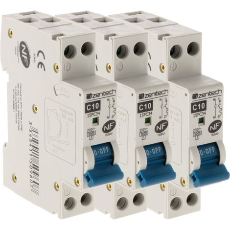 Zenitech – Lot de 3 disjoncteurs unipolaires 10A NF – Courbe C – Fixation rail DIN – Pouvoir de coupure 3kA pour protection électrique