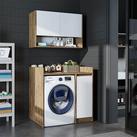 Derin Washing Machine Cabinet with Integrated Side Storage and Wall Unit, 100cm - Oak Effect and White (1/5)