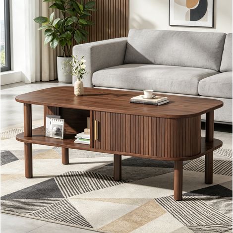 Tavolo da caffè in MDF 110 x 55 x 45 cm colore noce con anta scorrevole e vano contenitore (1/5)