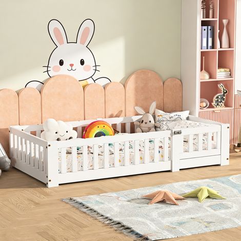 Lit Enfant 90x190cm, Lit au Sol Enfant avec Panneau de Porte Amovible,Barrières de Sécurité,Lit Bas Montessori avec Sommier,Lit 1 Place,Blanc (1/5)