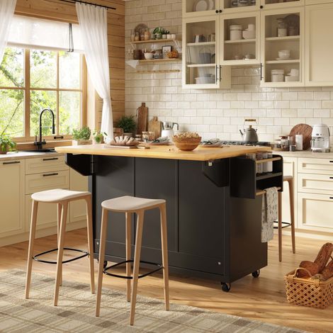 Îlot de cuisine sur roulettes, table extensible 120 x 73 cm, 5 tiroirs, 2 portes, étagères réglables, porte-serviettes et épices, noir et blanc (1/5)
