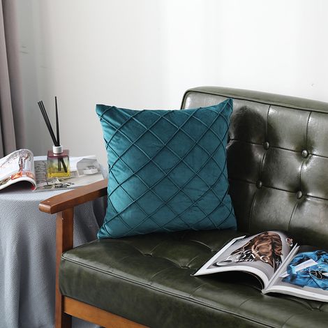 Lot de 2 housses de coussin en velours, motif quadrillé saillant, style européen, 42x42 cm, bleu vert, pour canapé, chambre.