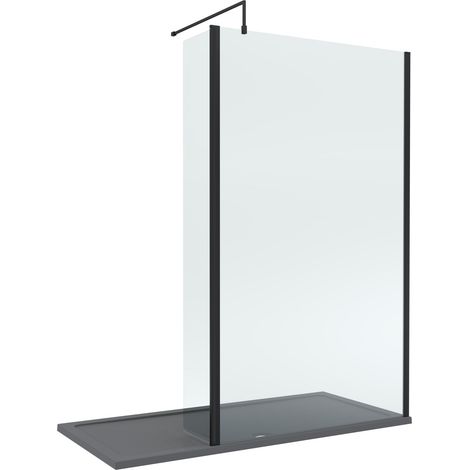 8mm Glass Walk In Wetroom Screen and Hinged Return Screen with Matt Black Profile and Grey Shower Tray - 1700 x 700mm