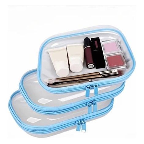 Boîte de rangement pliable et rigide transparente en 3 parties avec fermeture éclair, idéale pour les cosmétiques, les jeux de construction et les puzzles - Bleue (1/5)