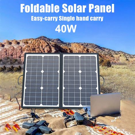 Ortviai Panneau Solaire Portable 40 W Pliable avec Poignée et Support, Étanche IP67, Noir, pour Charge Extérieure de Téléphones (1/4)