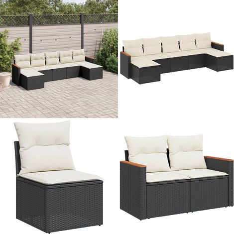 Salon de jardin 7 pcs avec coussins noir résine tressée - Ensemble Salon De Jardin - Mobilier Extérieur - Meubles De Jardin - Salon De Jardin Pliable - Chaise Longue - Home & Living (1/5)