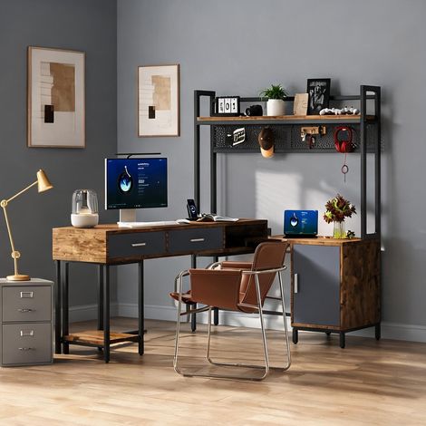 Bureau d'angle en L industriel 140 cm métal et MDF noir et bois (1/5)