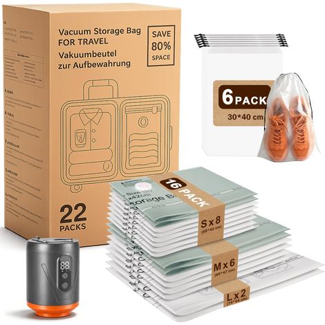 Sac sous Vide Vetement Aspirateur avec Pompe Électrique, Deux Niveaux d’aspiration : 4.000 Pa/20.000 Pa,16 Pièces(8  42x55cm, 6  65x47cm, 2  74x54cm),Sac sous Vide Voyage, Déménagement, Rangement (1/5)