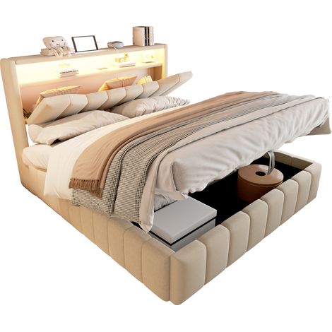 Cama con Canapé 140 x 200 cm de Tela, Cama Doble con LED, USB, USB-C y Almacenaje, sin Colchón, Beige (1/5)