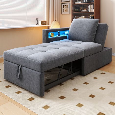 Canapé convertible 3-in-1 Leinenstoff hellgrau 177x68x65 cm mit verstellbarer Rückenlehne, LED und USB/Typ-C (1/5)