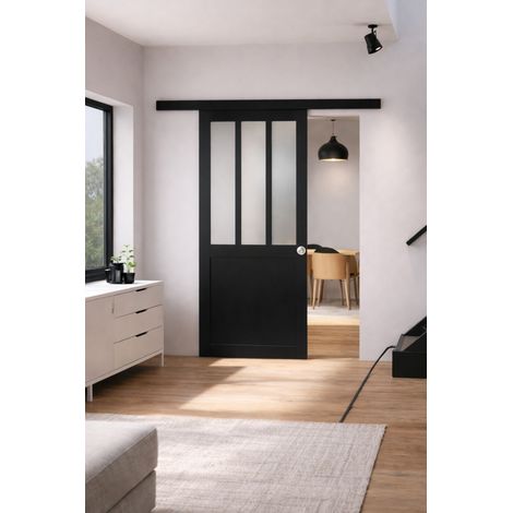 Porta scorrevole da laboratorio nera con vetro depoli H204 x L73 cm, binario in alluminio con bandeau nero, conchiglie GD MENUISERIES