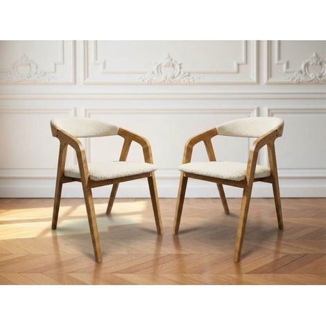 BOBOCHIC - Lot de 2 chaises en bois de chêne PRISCA tissu bouclette Blanc (1/5)
