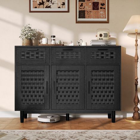 Sideboard aus Holz mit 3 Schubladen und 3 Türen aus Rattangeflecht, Kommode im Landhausstil, Aufbewahrungsschrank Schwarz, 108x40x80 cm