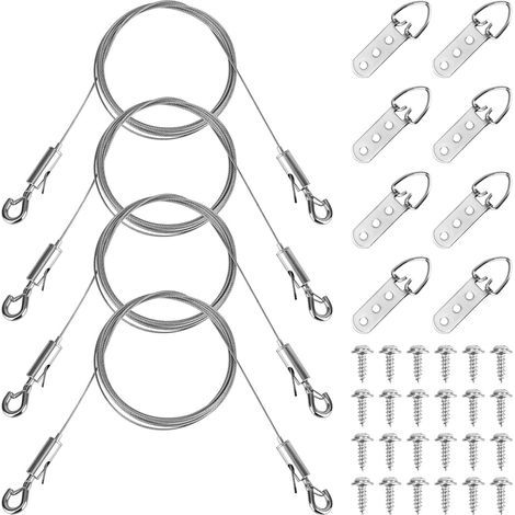 Bilderaufhängeset mit 4 verstellbaren Drähten, 8 D-Ringen und 24 Schrauben. Tragkraft 35 kg. Robustes Aufhängeset für Rahmen, Spiegel, Leinwände und Wanddekorationen. (1/5)