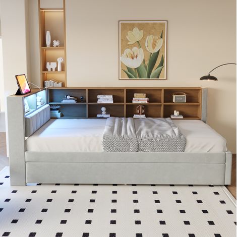 Sofá cama (213x103x98 cm), con cama nido, luces LED y almacenaje, flanela gris claro (1/5)