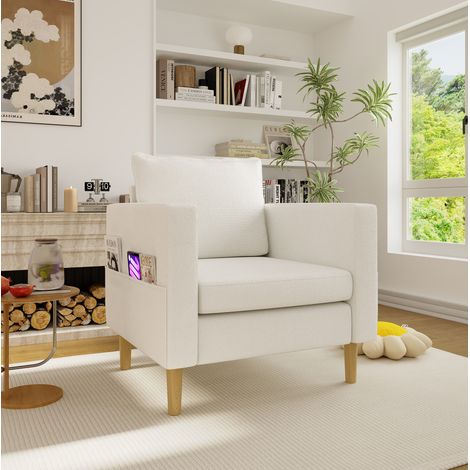 Poltrona 71x68x82 cm beige in chenille con tasca laterale e cuscino schienale (1/5)