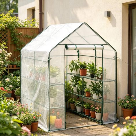 Serre de jardin 143x143x195 cm en acier et PE blanc, protection plantes pour petit jardin – MEUBLIV (1/5)