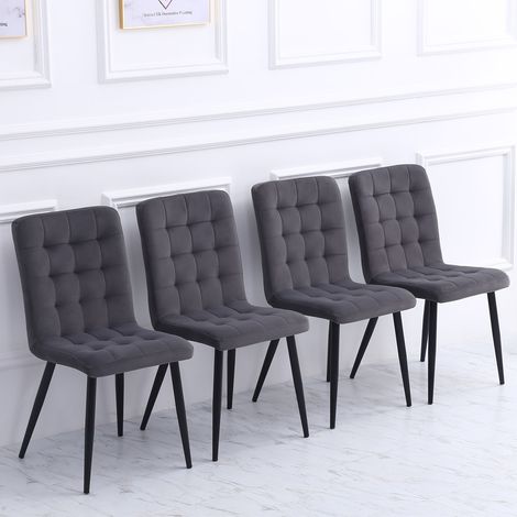 Set of 4 Buttoned Frosted Velvet High Back Dining Chairs, Dark Grey (1/4)