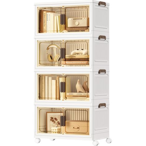 Boîte de Rangement, Organisateur à 4 Niveaux avec 1 Couvercle, Empilable, sur Roulettes, Plastique, Double Porte Magnétique, Blanc, 55 L par Niveau, 220 L au Total, RLB460WZ01 (1/5)
