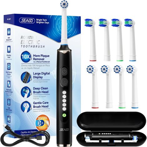 Brosse à dents électrique rotative rechargeable, brosse à dent électrique avec étui voyage, 8 têtes pour familial, 5 modes, minuterie 2 min, étanche IPX7, SG2607, Noir (1/5)
